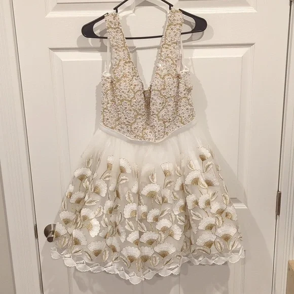 Mac Duggal white and gold beaded dress
